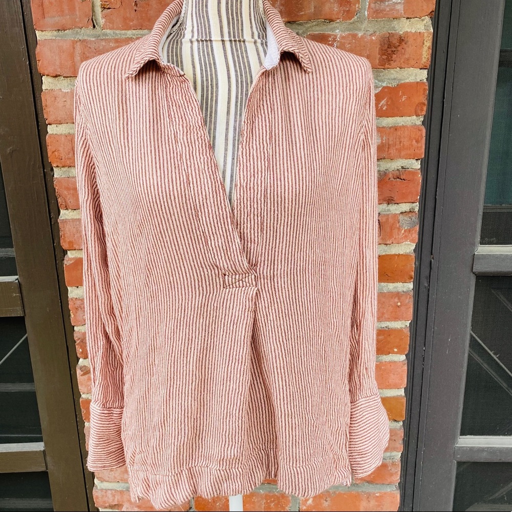 Free People Deep V Long Sleeved Striped Blouse